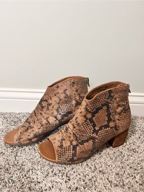 Gimmicks Ruched Open Toe Snakeskin Bootie
